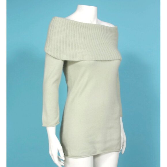 LUXE Arden B Light Sage Green 100% Cashmere Sweater Womens Off Shoulder sz M 137 - Picture 5 of 6